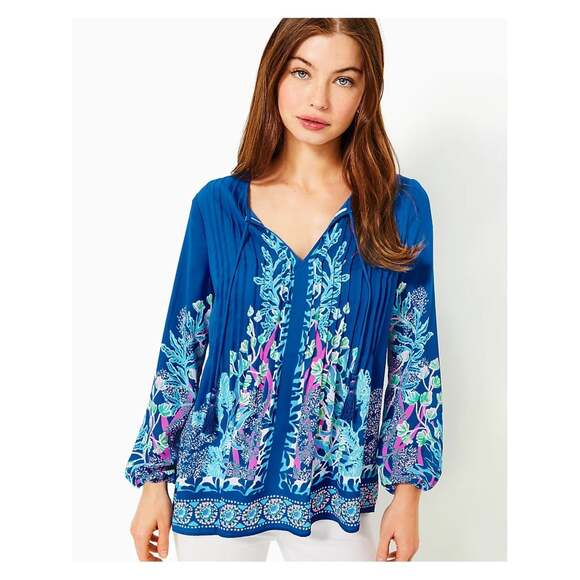 Lilly Pulitzer Tops - Lilly Pulitzer Royal Blue Floral V-Neck Pleated Blouse
